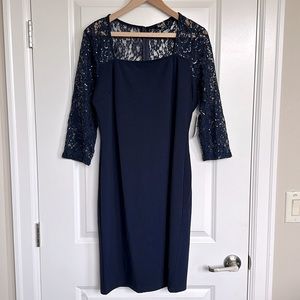 SLNY Sheath Dress sz 14 Women's Lace 3/4 Sleeve Square Neck Navy Blue Cocktail